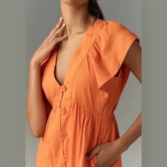by Anthropologie Renee Dress XS Midi Orange Linen Flutter Sleeve - Picture 3 of 9